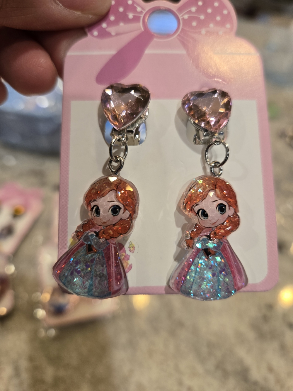 Kids Pink Glitter Princess Drop Earrings Clip Ons